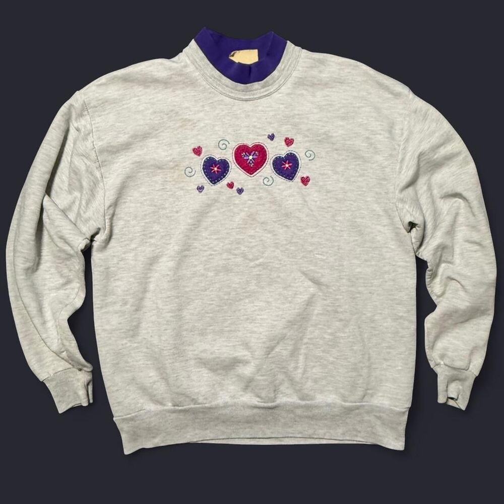 Vintage grey crewneck sweatshirt with embroidered hearts and purple mock collar